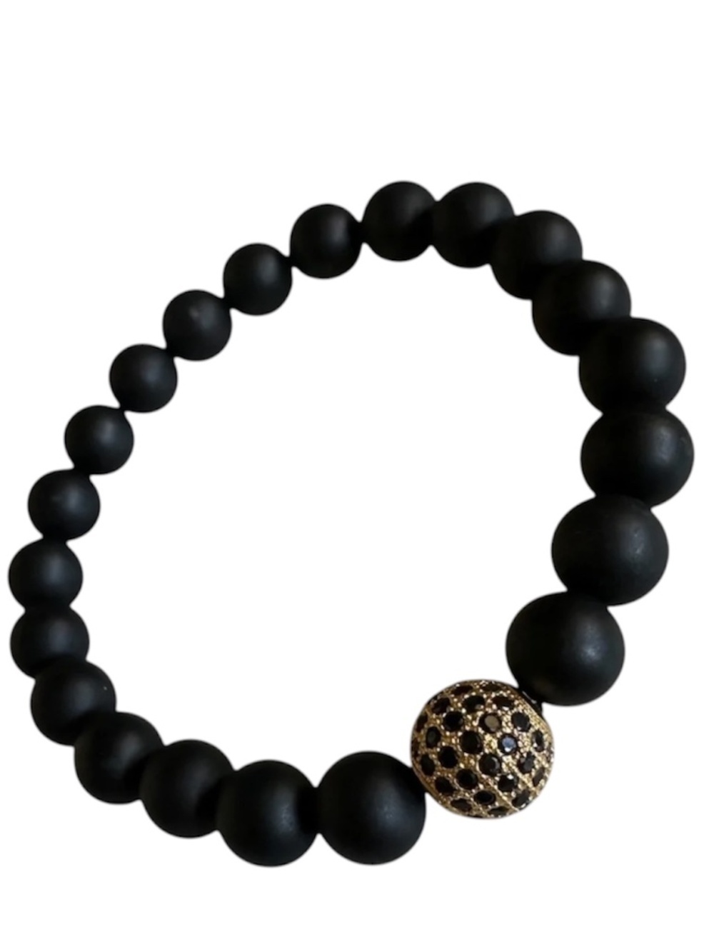 CLASSIC 8mm Matte Onyx Stretch Bracelet Black Gold Crystal Spacer 6–7”